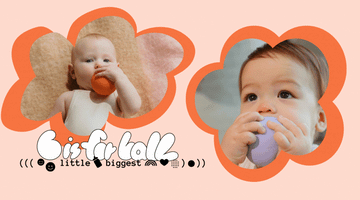 2 different babies are using b is for ball™ for teething.b is for ball is the perfect teething companion