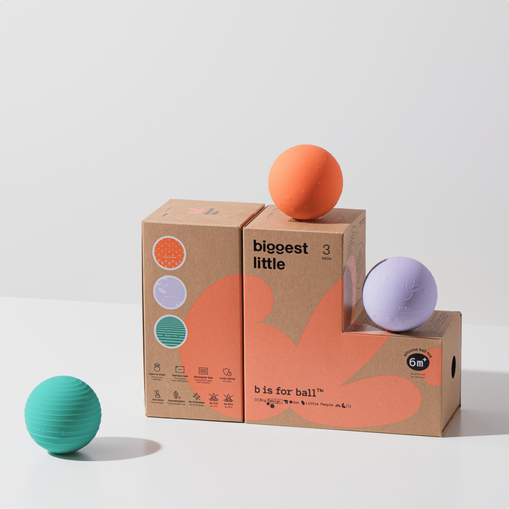 Three Ball Set from B is for Ball in green, orange, lilac