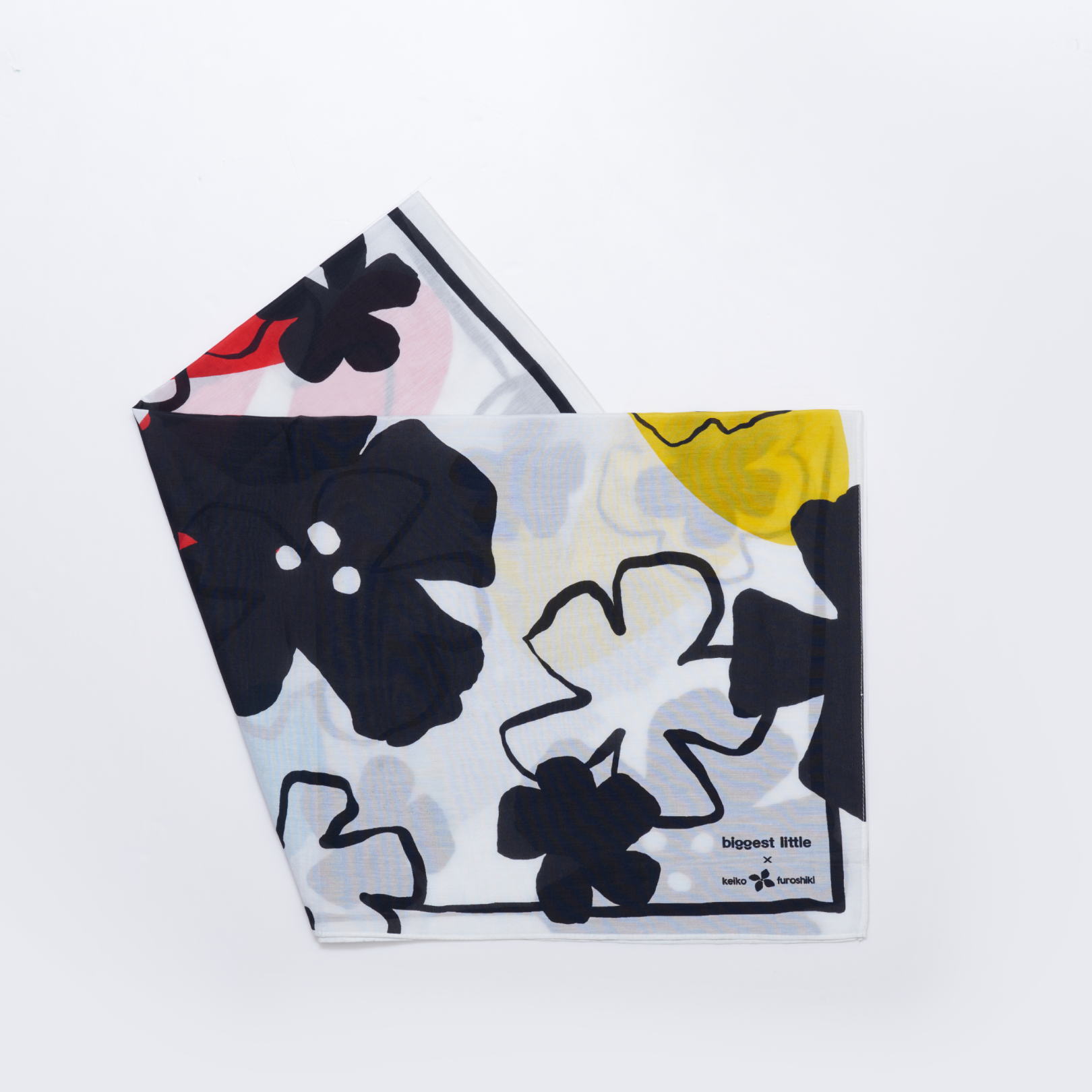 Art play silk in floral-patterned "secret garden" print with Biggest Little and Keiko Furoshiki brand logo on a white background