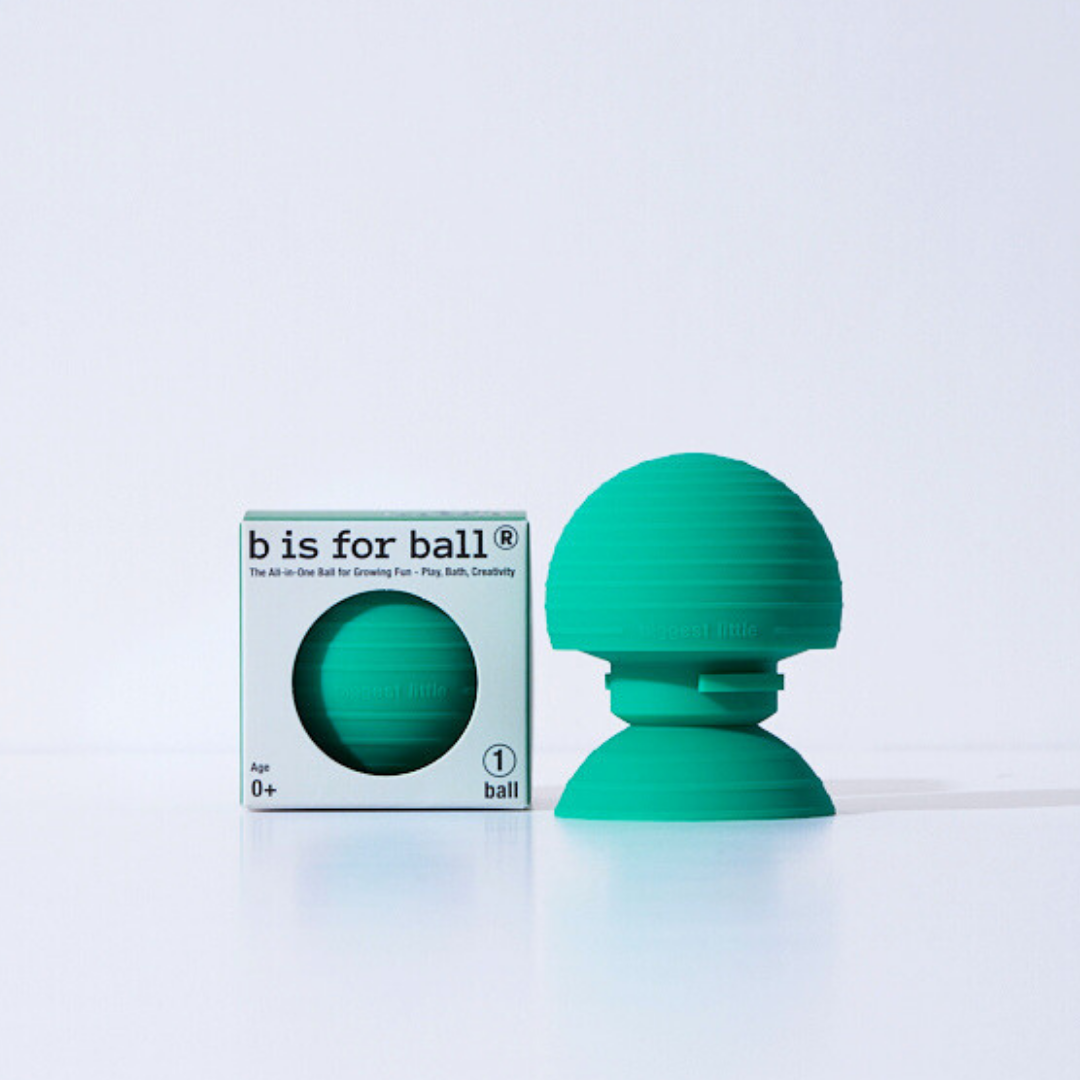 Green sensory baby ball with packaging labeled 'b is for ball' by Biggest Little