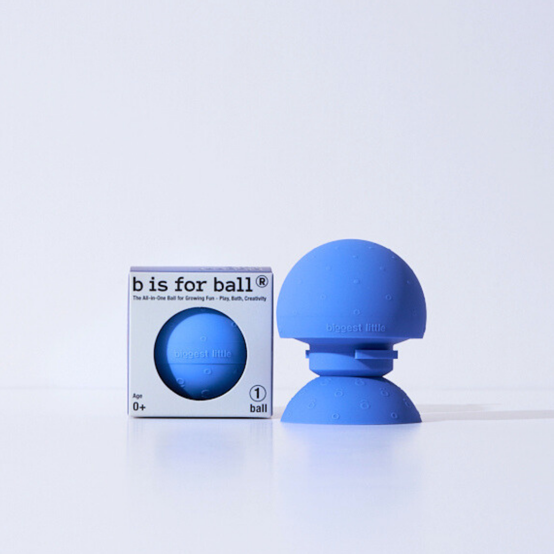 Blue sensory baby ball with packaging labeled 'b is for ball' by Biggest Little