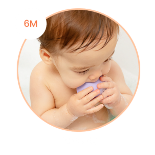 a baby mouthing a purple b is for ball® showcasing a 6m old use it as a teether