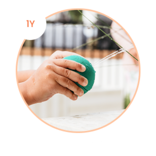 close up of a pair of hands squirting with a green b is for ball® showcasing a 1 year old use it for water play
