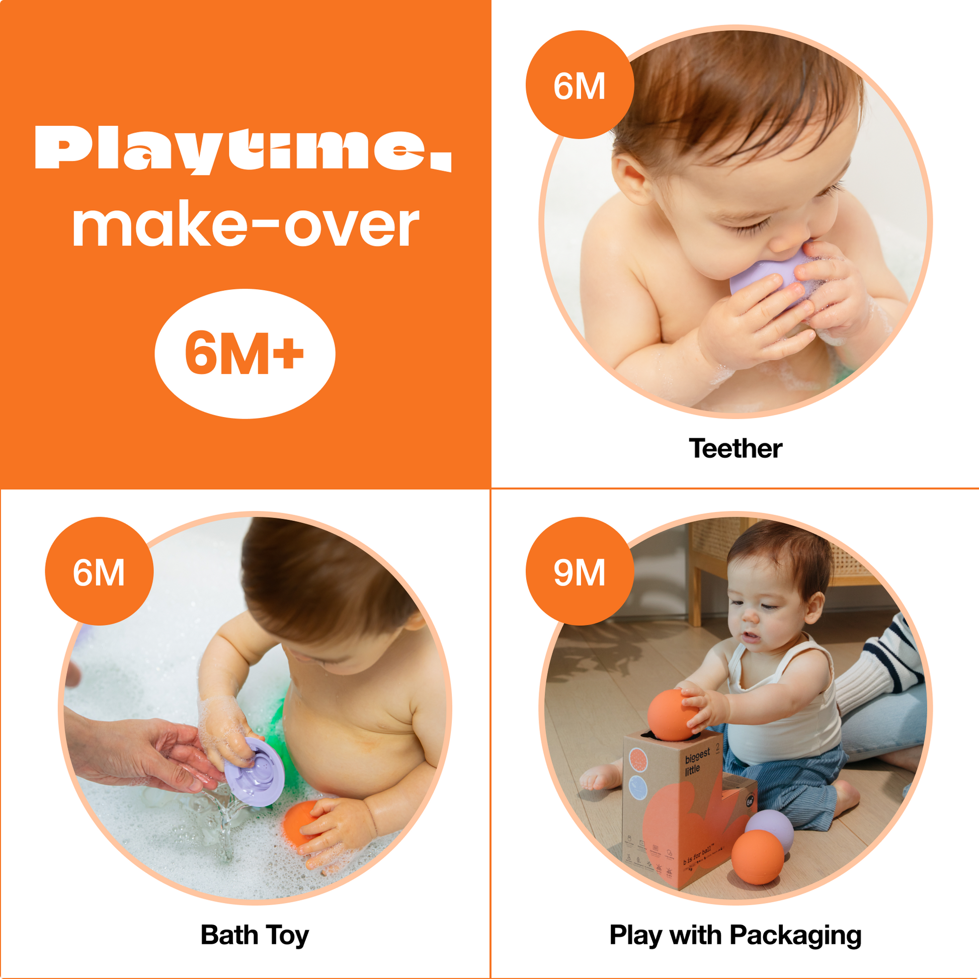Three different ways to use the detachable toy ball: as a teether, bath toy, or paired with its L-shaped packaging