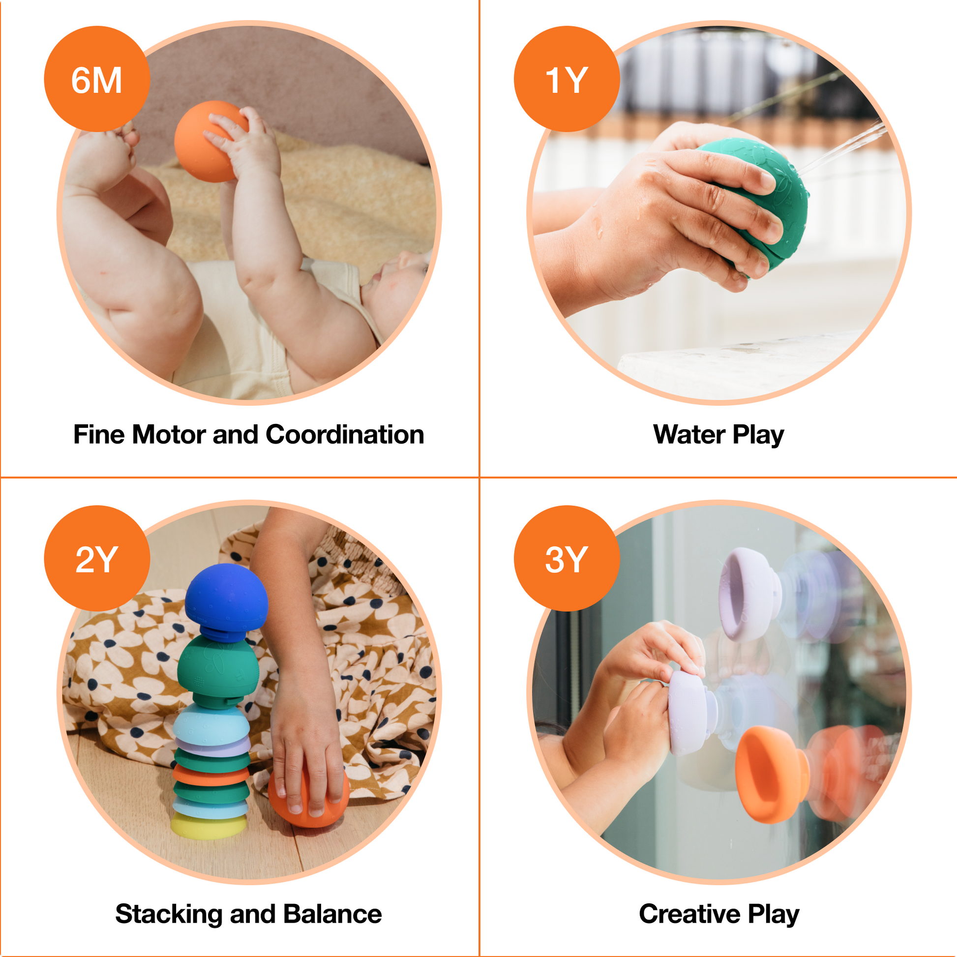 Four different ways to use the detachable toy ball: for fine motor skills, water play, stacking, and more creative fun. 